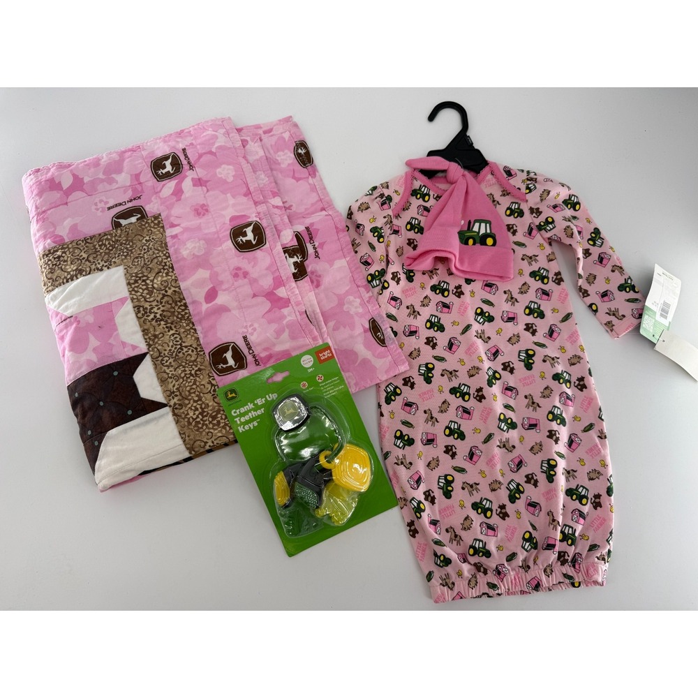 John Deere Baby Girl Lot Pink Quilt Sleeper Pajamas Teether Keys Farm Tractor